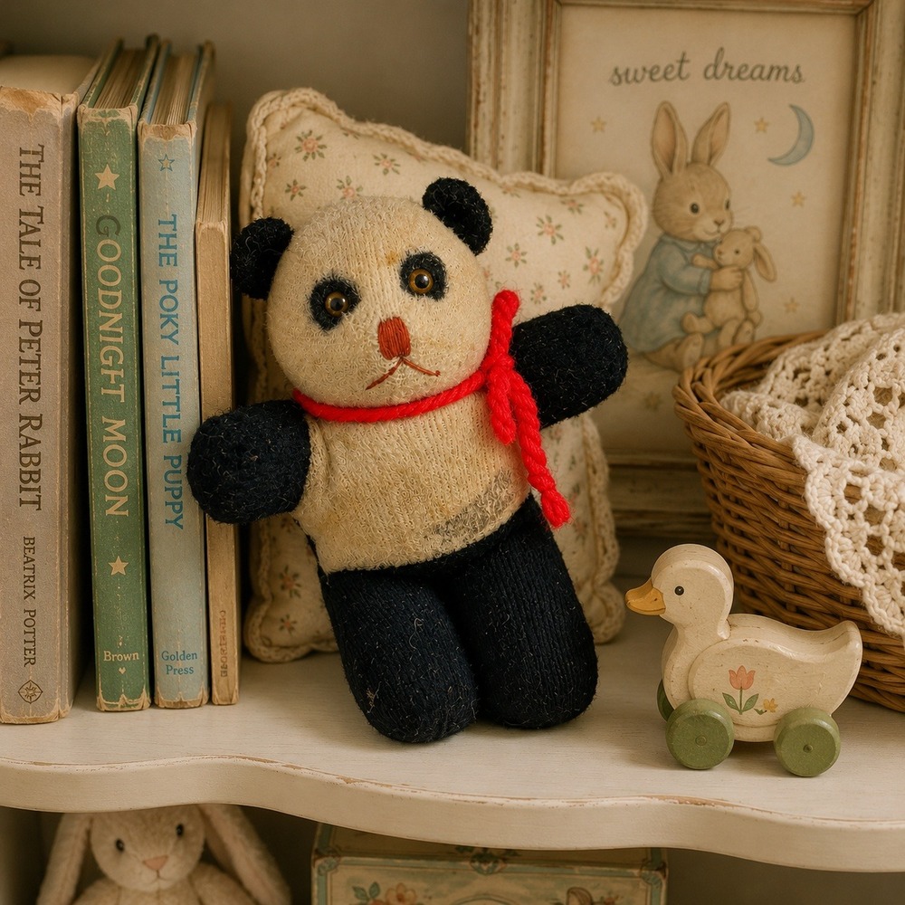 Vintage Handmade Panda Bear 5" Stuffed Animal Mid Century Black & White Toy
